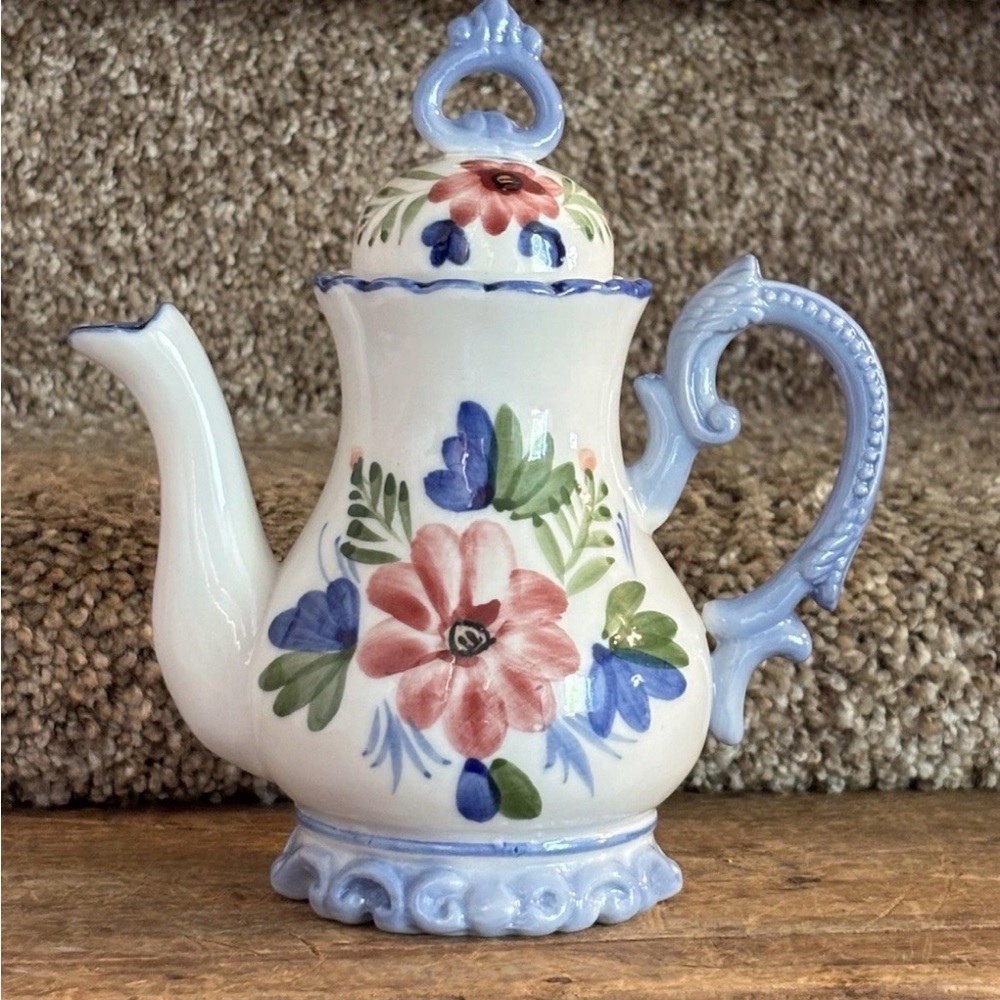 Hand-Painted Floral Ceramic Teapot in Blue and Pink